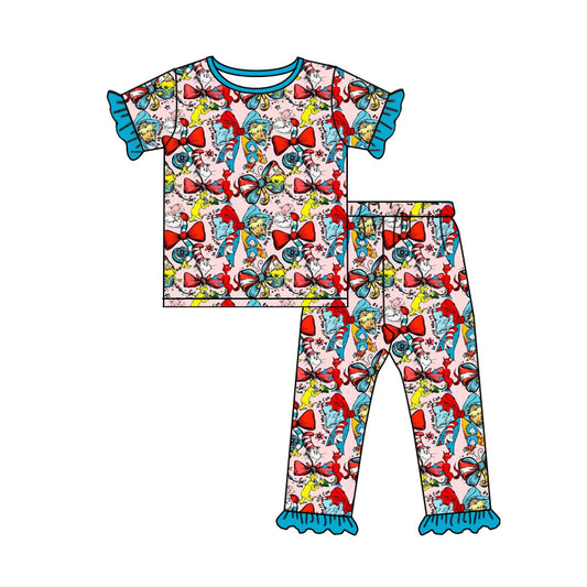 Baby Girls Cartoon Dr Reading Bows Top Ruffle Pants Pajamas Sets Preorder