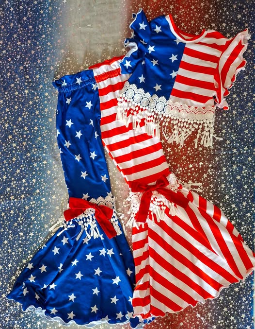 Baby Girls Red Blue Stripe Stars Top Bell Bottom Pants 4th of July Clothes Sets Preorder