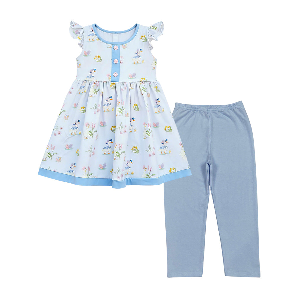 Baby Girls Eggs Gooses Flowers Button Tunic Leggings Easter Clothes Sets Preorder