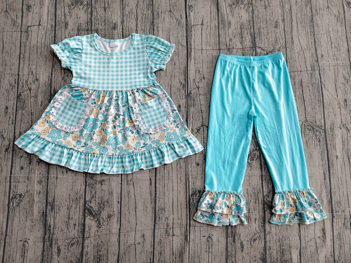 Baby Girls Blue Checked Flowers Pockets Tunic Ruffle Pant Clothes Sets