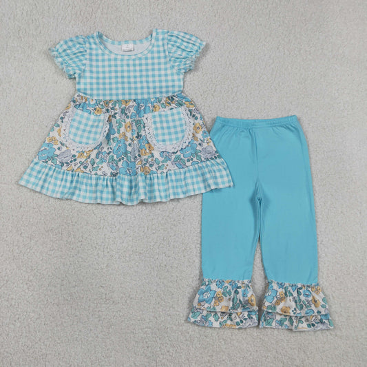 Baby Girls Blue Checked Flowers Pockets Tunic Ruffle Pant Clothes Sets