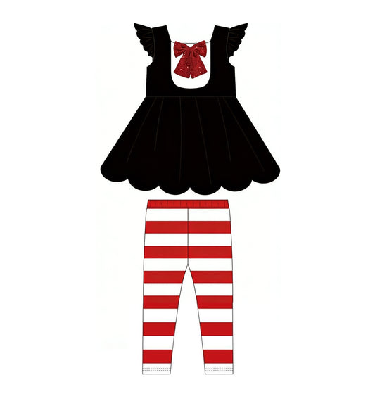 Baby Girls Black Flutter Sleeve Tunic Stripe Legging Pants Clothes Sets Preorder