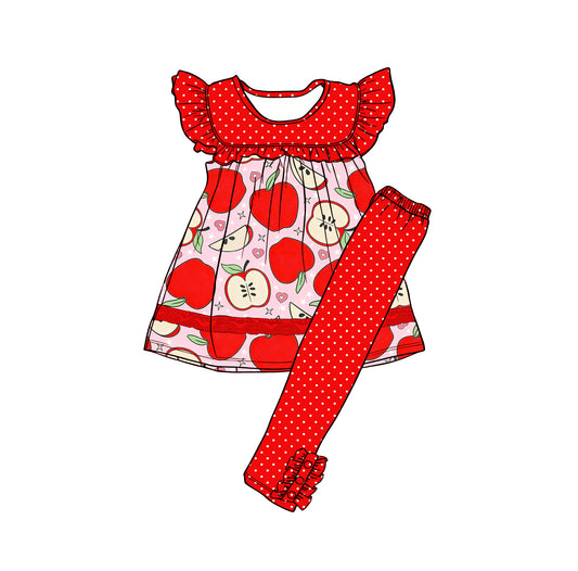 Baby Girls Flutter Sleeve Hearts Apples Tunic Polka Dots Legging Pants Clothes Sets Preorder