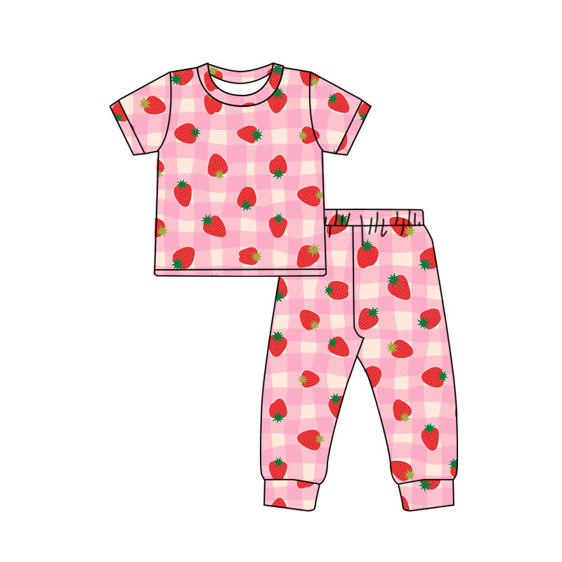 Baby Girls Pink Checked Strawberry Top Pants Pajamas Set Preorder