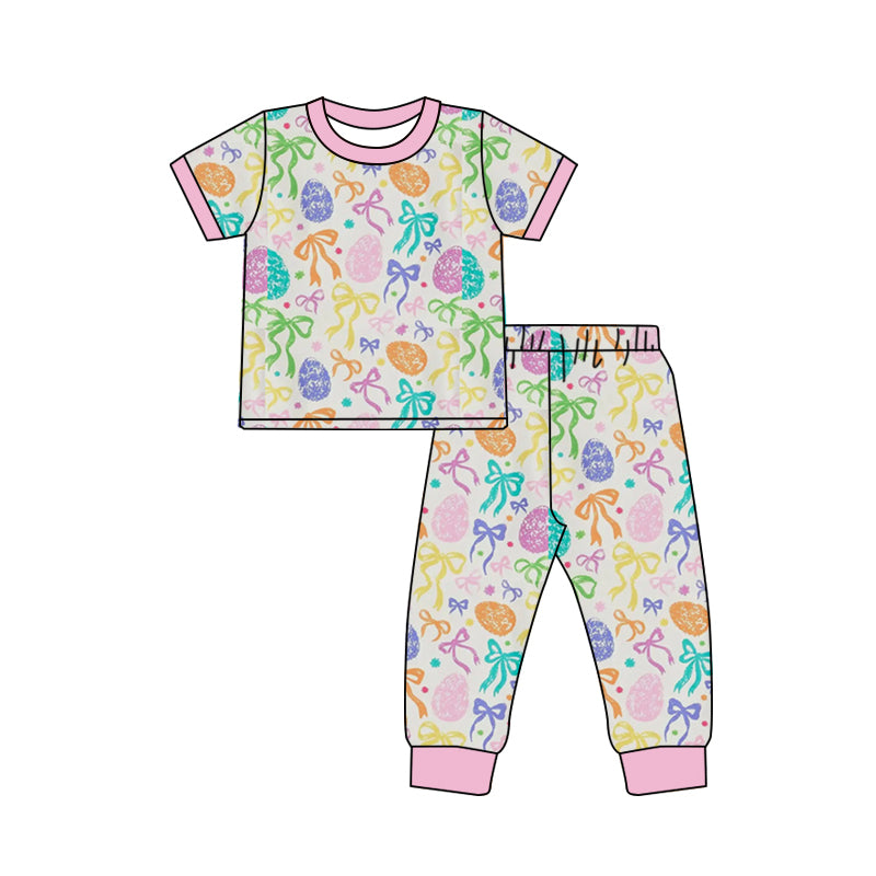Baby Girls Colorful Bows Eggs Top Pants Easter Pajamas Sets Preorder