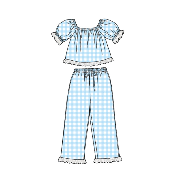 Baby Girls Short Sleeve Blue Checked Tunic Ruffle Pants Clothes Sets Preorder
