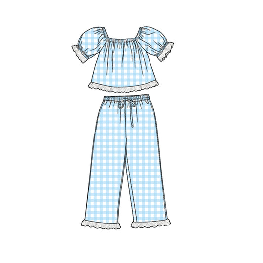 Baby Girls Short Sleeve Blue Checked Tunic Ruffle Pants Clothes Sets Preorder