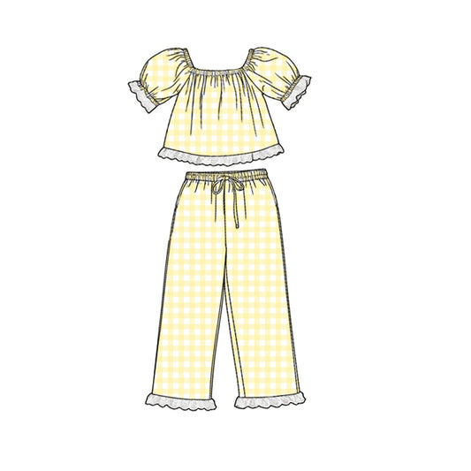 Baby Girls Short Sleeve Yellow Checked Tunic Ruffle Pants Clothes Sets Preorder