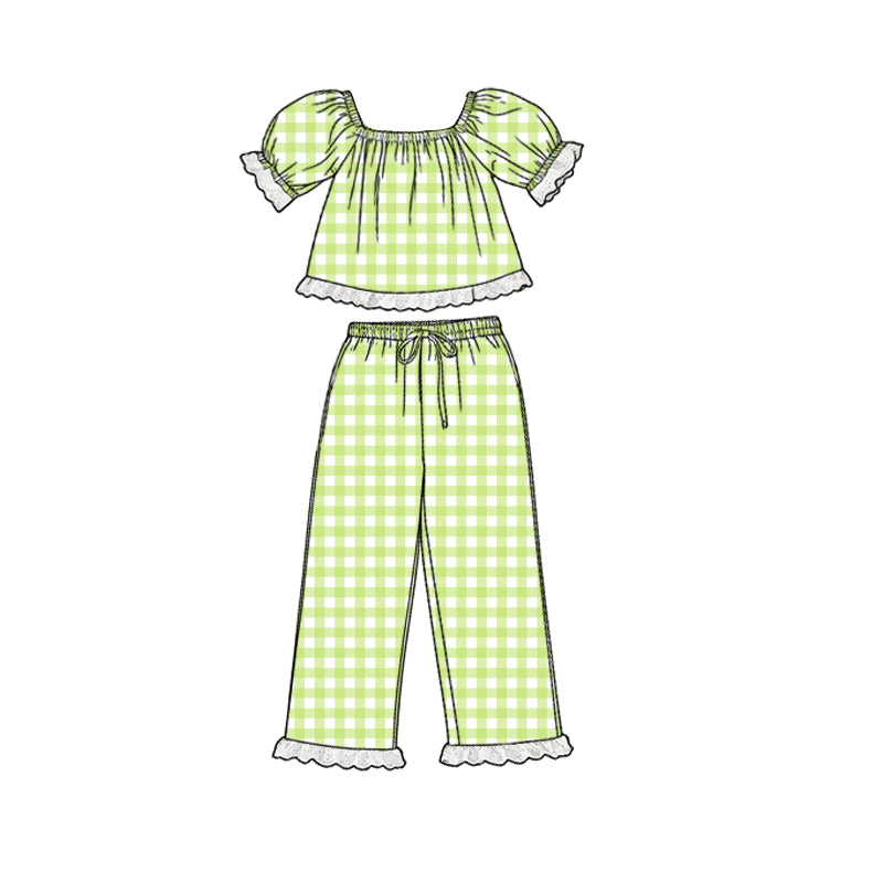 Baby Girls Short Sleeve Green Checked Tunic Ruffle Pants Clothes Sets Preorder