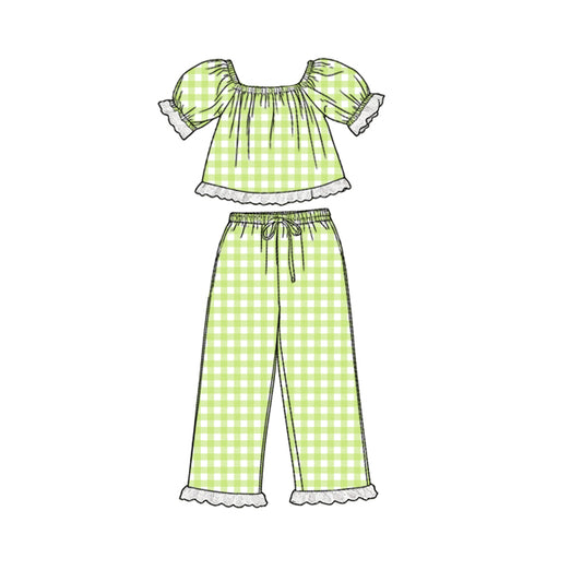 Baby Girls Short Sleeve Green Checked Tunic Ruffle Pants Clothes Sets Preorder