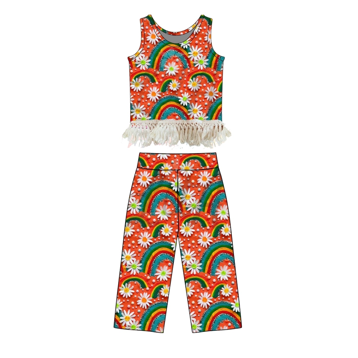 Baby Girls Sleeveless Flowers Rainbows Top Flare Pants Clothes Sets Preorder