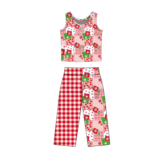Baby Girls Sleeveless Strawberry Checked Top Flare Pants Clothes Sets Preorder