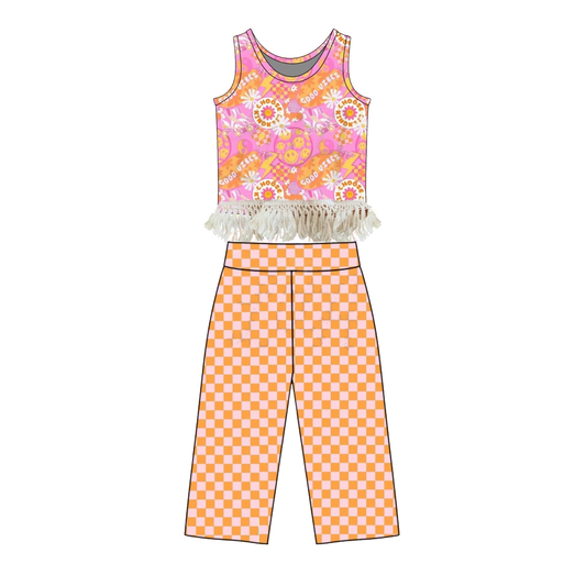 Baby Girls Sleeveless Smile Flowers Top Flare Pants Clothes Sets Preorder