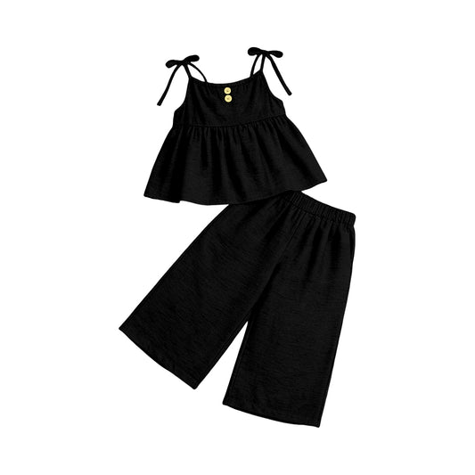 Baby Girls Black Strap Button Tunic Flare Pants Clothes Sets Preorder