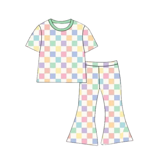 Baby Girls Colorful Checked Short Sleeve Top Bell Bottom Pants Clothes Set Preorder