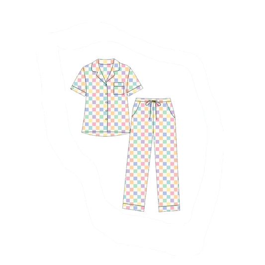 Baby Girls Colorful Checked Button Pocket Top Pants Pajamas Clothes Set Preorder