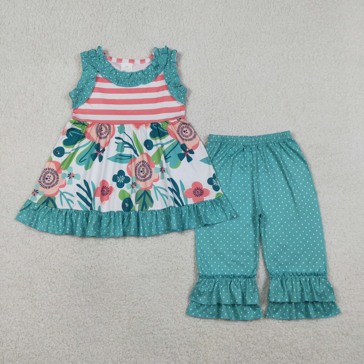 Baby Girls Sleeveless Flowers Polka Dots Tunic Ruffle Pants Clothes Set
