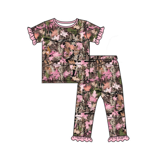 Baby Girls Short Sleeve Pink Leaves Camo Top Ruffle Pant Pajamas Sets Preorder