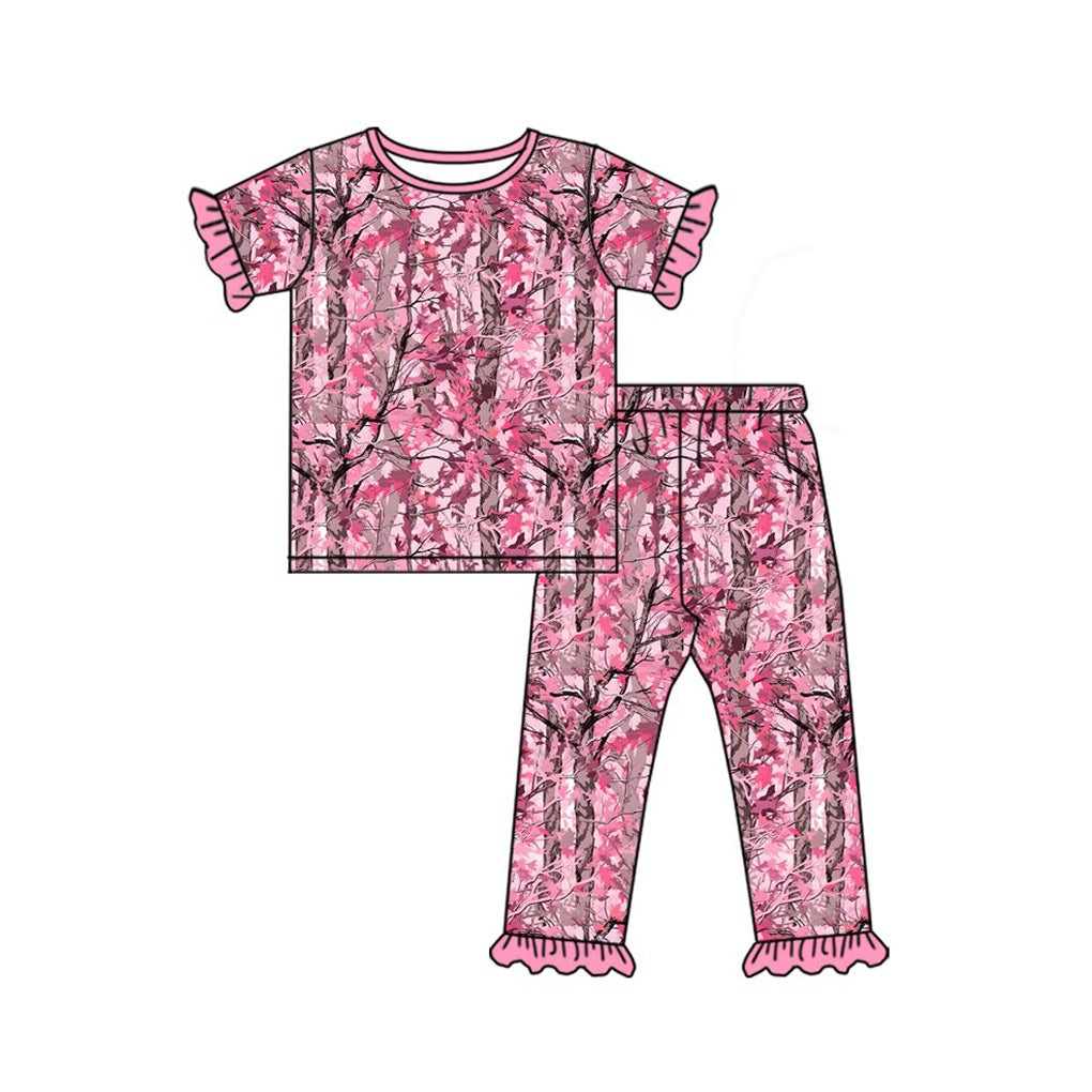 Baby Girls Short Sleeve Pink Leaves Camo Top Ruffle Pant Pajamas Sets Preorder