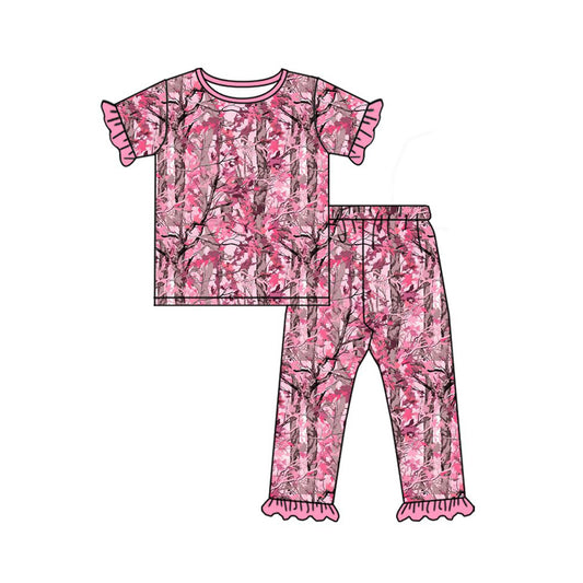 Baby Girls Short Sleeve Pink Leaves Camo Top Ruffle Pant Pajamas Sets Preorder