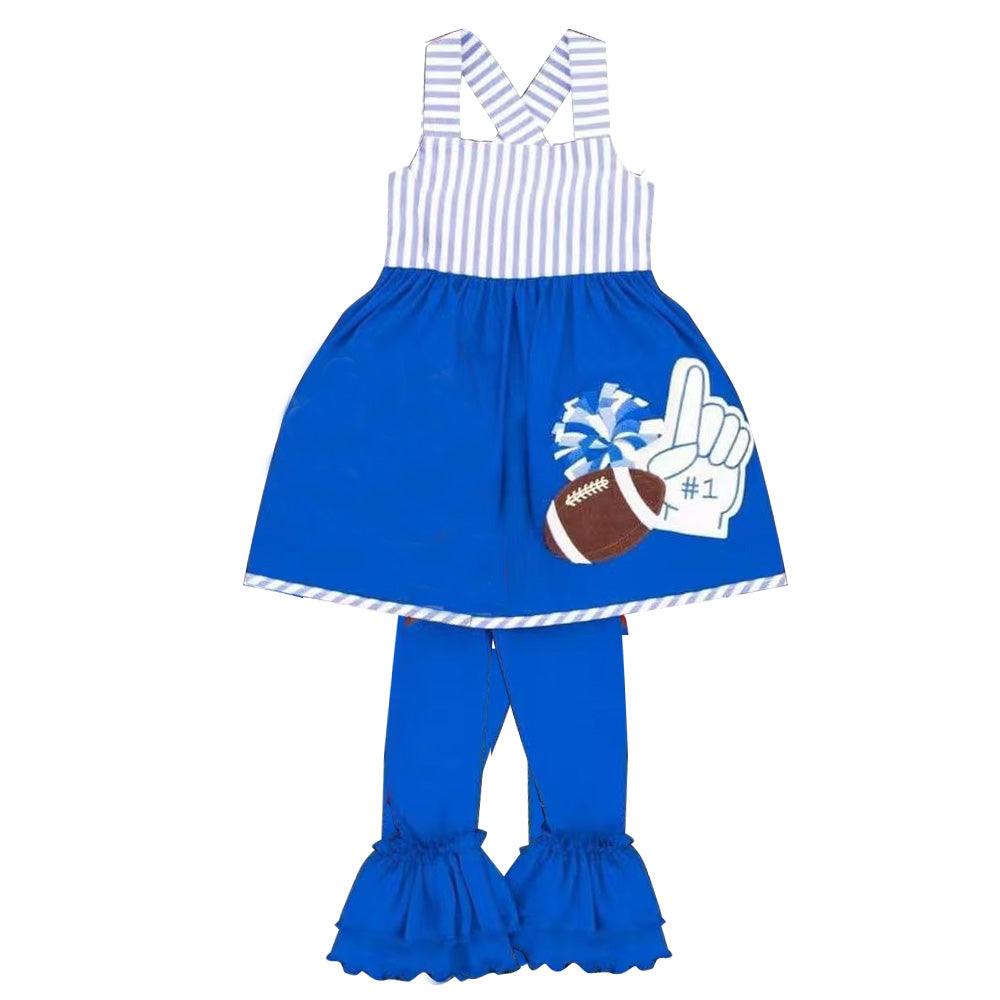 Baby Girls Strap Blue Footballs Cheer #1 Tunic Ruffle Pant Team Clothes Set Preorder