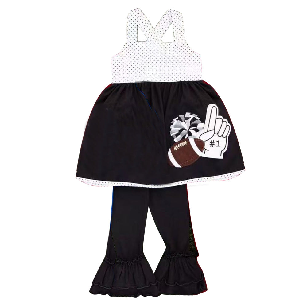 Baby Girls Strap Black Footballs Cheer #1 Tunic Ruffle Pant Team Clothes Set Preorder