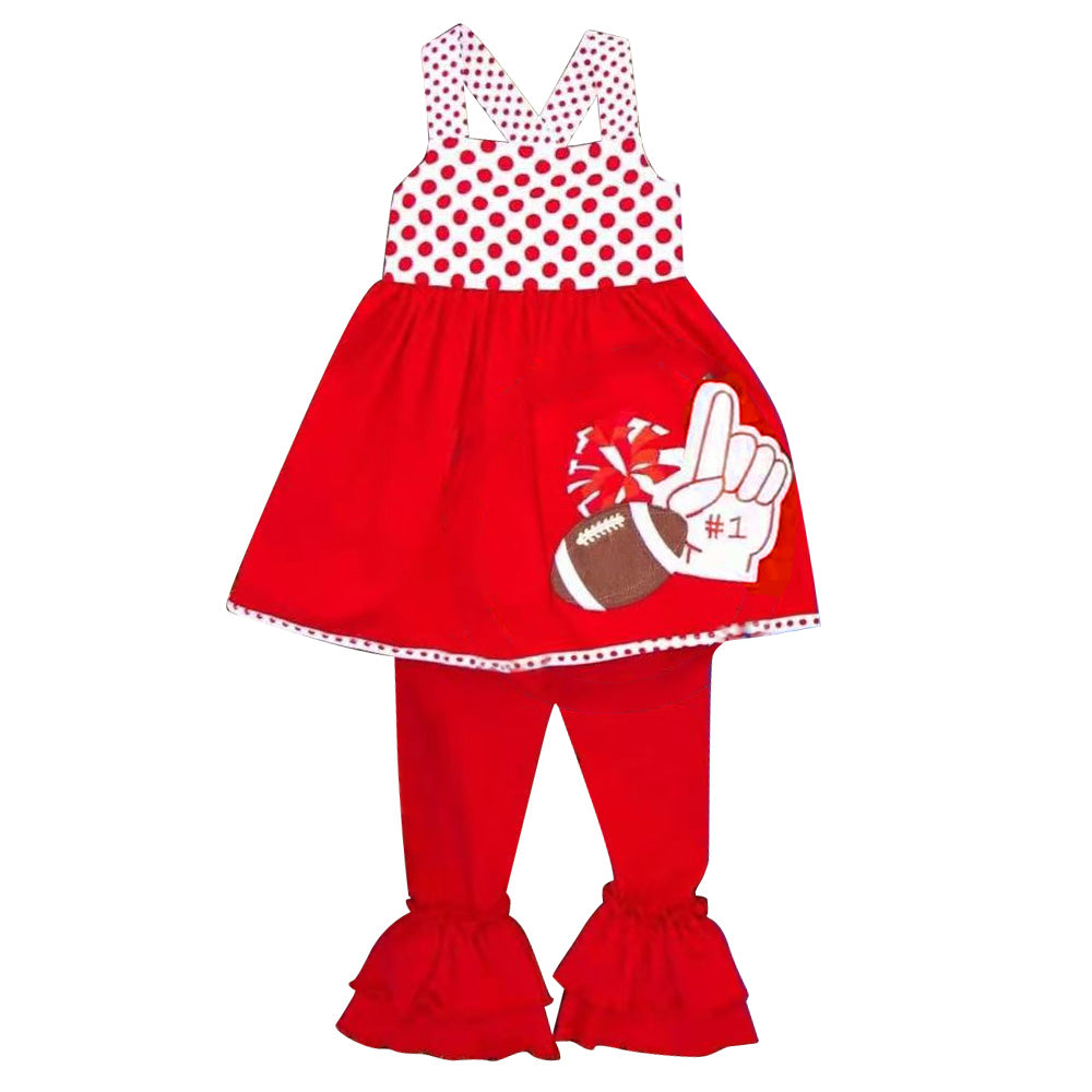 Baby Girls Strap Red Footballs Cheer #1 Tunic Ruffle Pant Team Clothes Set Preorder