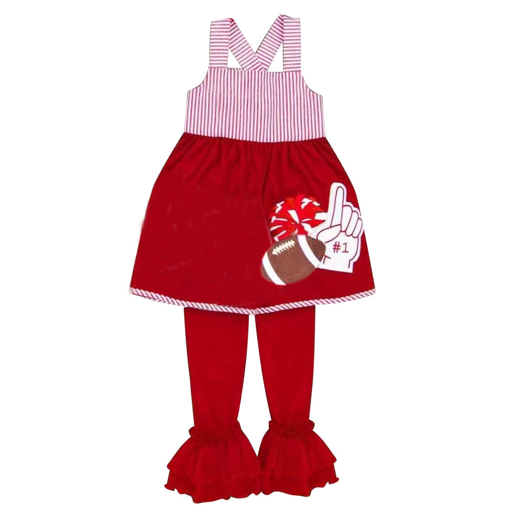 Baby Girls Strap Dark Red Footballs Cheer #1 Tunic Ruffle Pant Team Clothes Set Preorder