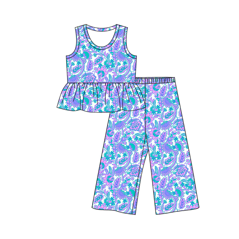 Baby Girls Sleeveless Colorful Flowers Tunic Flare Pant Sea World Cloths Sets Preorder