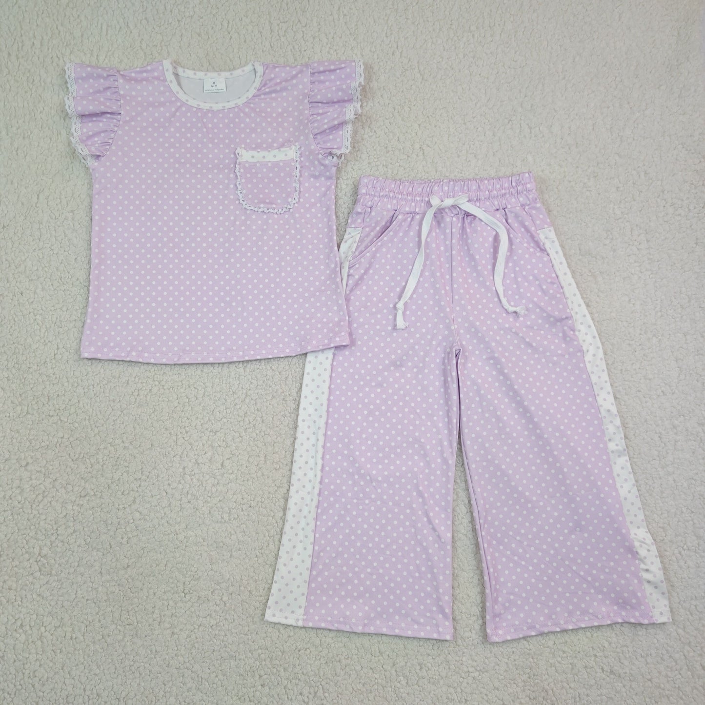 Sibling Baby Girls Flutter Sleeve Polka Dots Top Pockets Flare Pants Clothes Sets