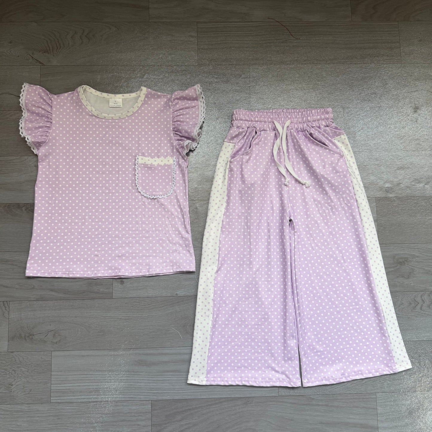 Baby Girls Purple Polka Dots Pocket Top Flare Pant Clothes Sets Preorder