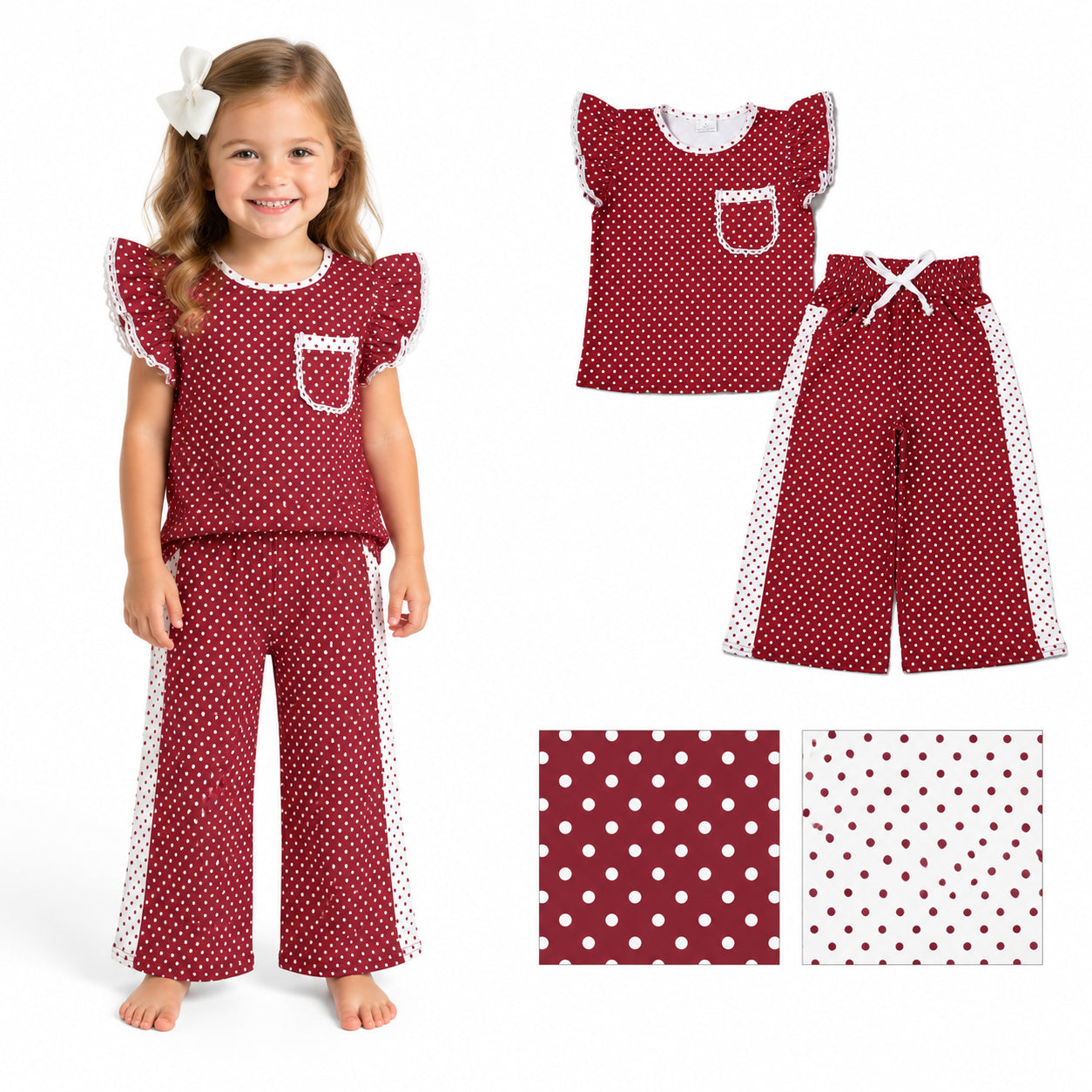 Baby Girls Maroon Polka Dots Pocket Top Flare Pant Clothes Sets