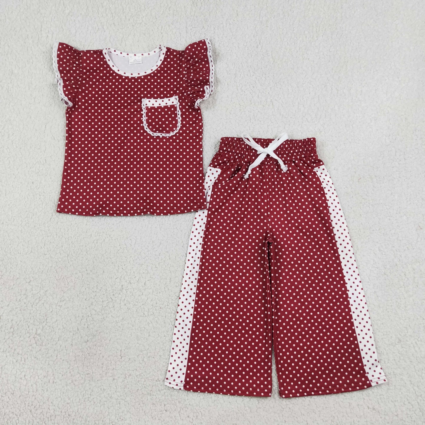 Sibling Baby Girls Flutter Sleeve Polka Dots Top Pockets Flare Pants Clothes Sets