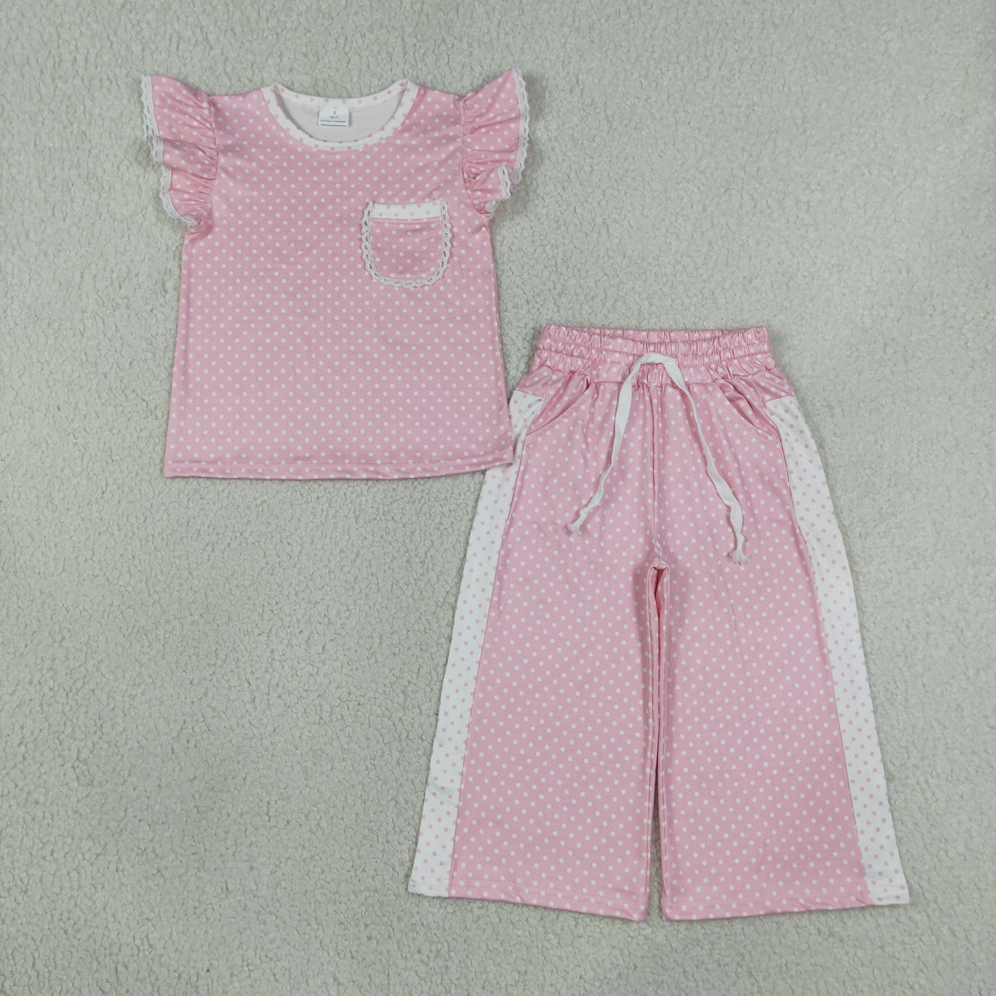 Baby Girls Flutter Sleeve Pink Polka Dots Pocket Top Flare Pant Clothes Sets