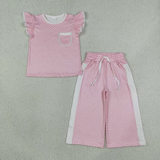 Baby Girls Flutter Sleeve Pink Polka Dots Pocket Top Flare Pant Clothes Sets