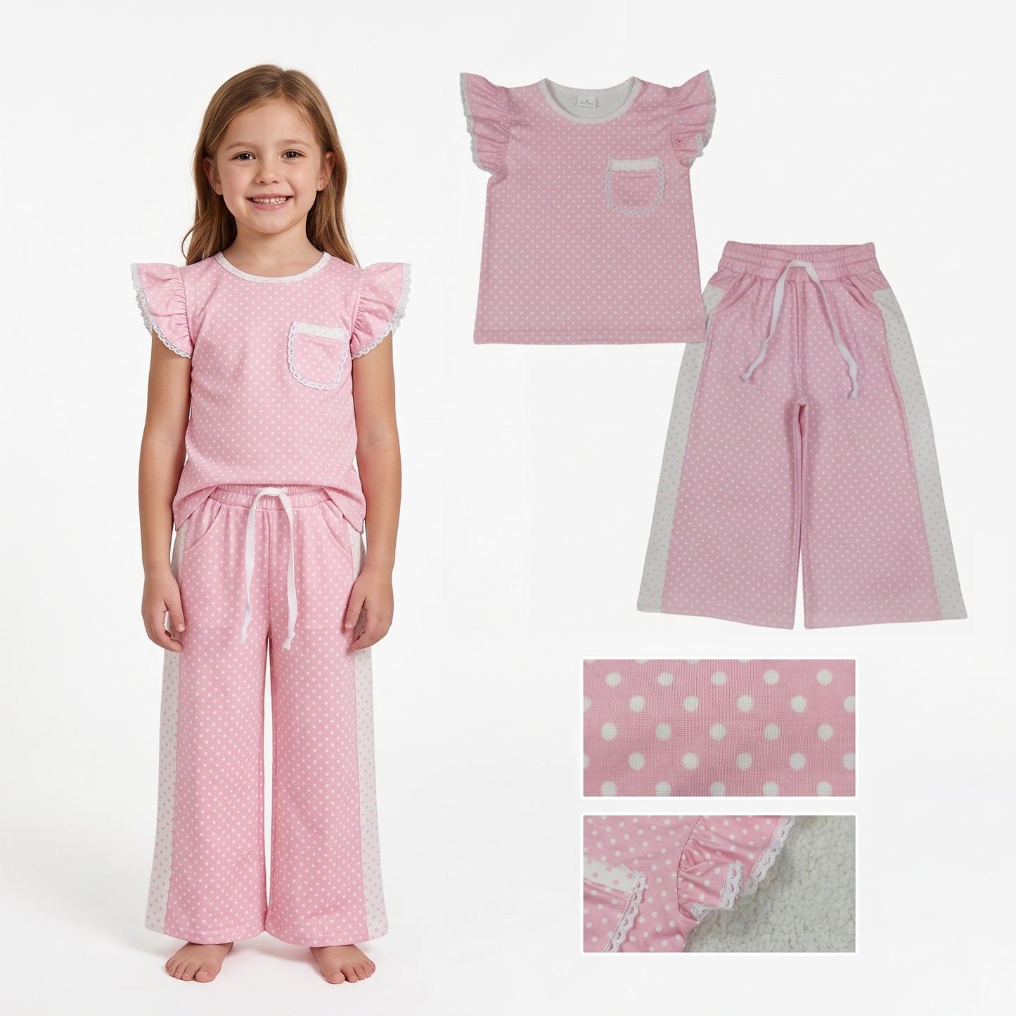 Baby Girls Flutter Sleeve Pink Polka Dots Pocket Top Flare Pant Clothes Sets