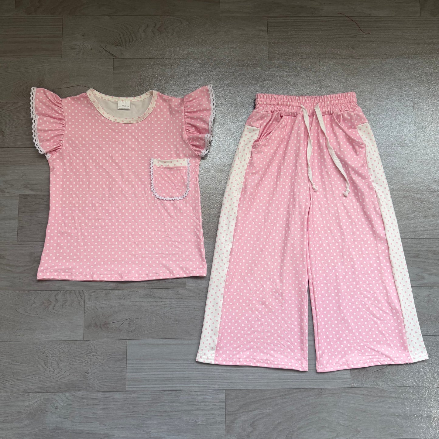 Baby Girls Pink Polka Dots Pocket Top Flare Pant Clothes Sets Preorder