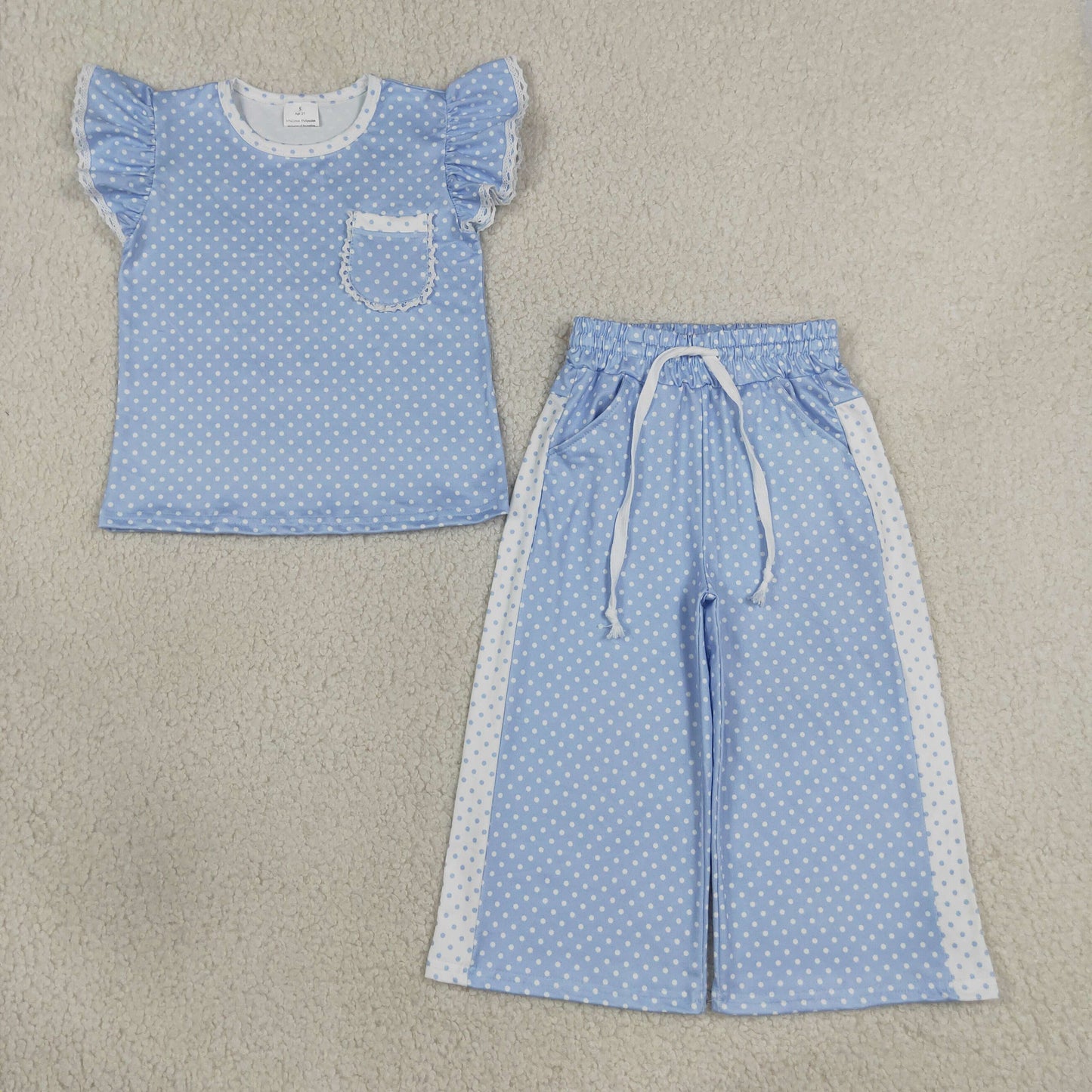 Sibling Baby Girls Flutter Sleeve Polka Dots Top Pockets Flare Pants Clothes Sets