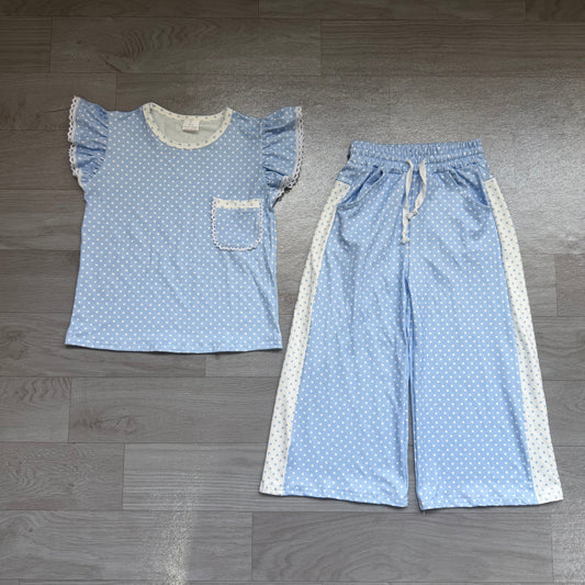 Baby Girls Blue Polka Dots Pocket Top Flare Pant Clothes Sets Preorder