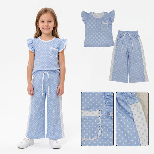 Baby Girls Blue Polka Dots Pocket Top Flare Pant Clothes Sets