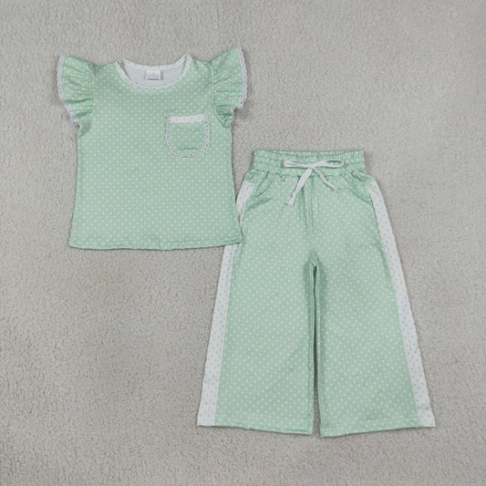 Baby Girls Light Green Polka Dots Pocket Top Flare Pant Clothes Sets