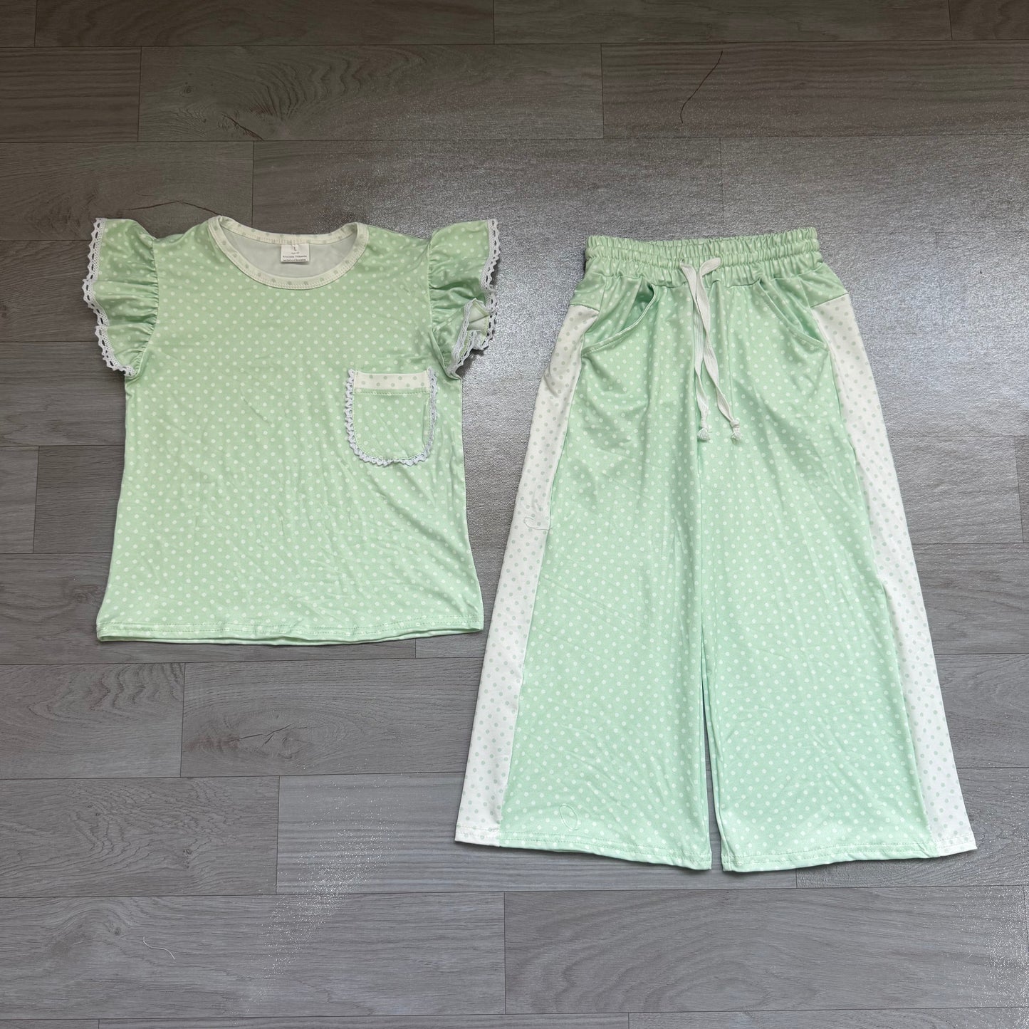 Baby Girls Green Polka Dots Pocket Top Flare Pant Clothes Sets Preorder