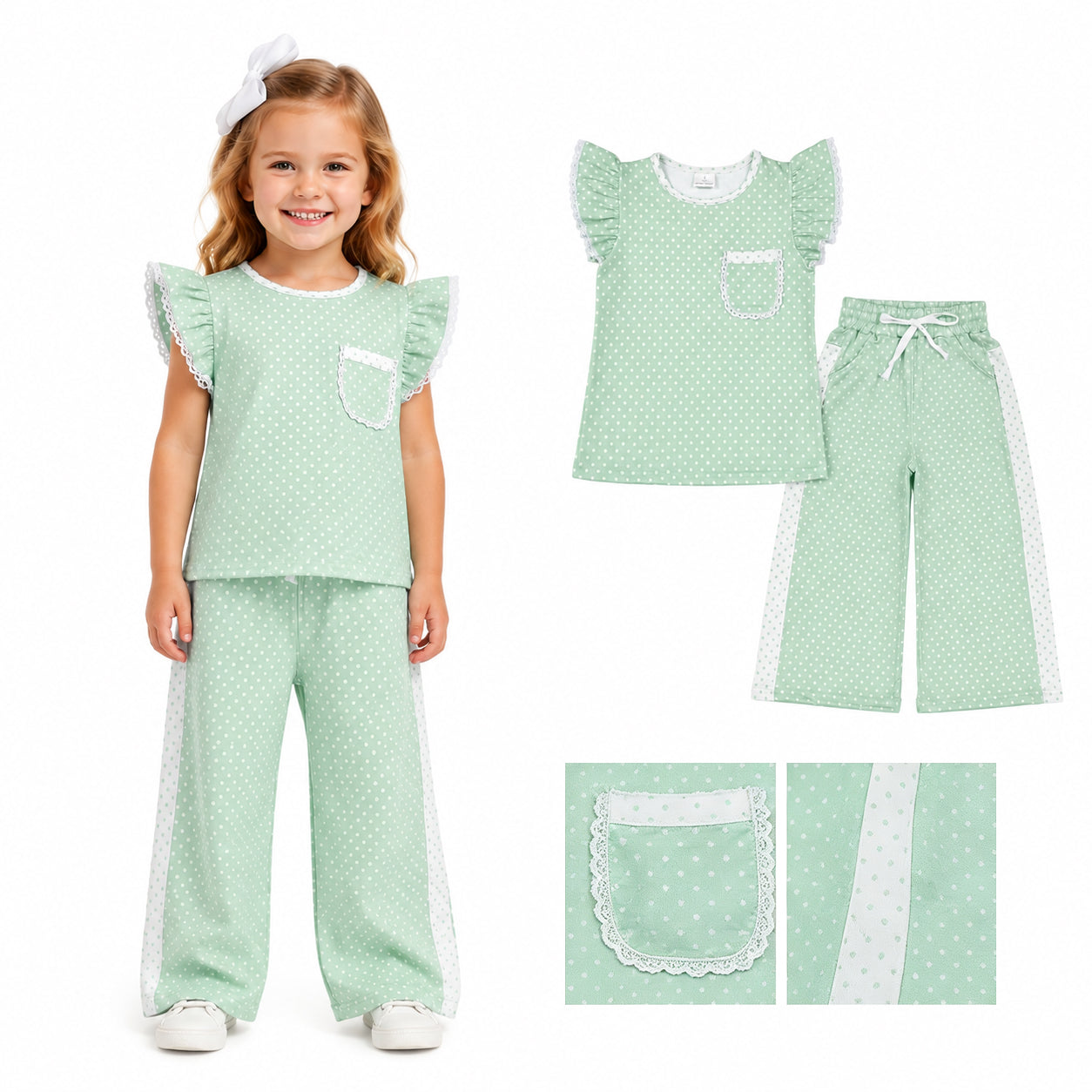 Baby Girls Light Green Polka Dots Pocket Top Flare Pant Clothes Sets