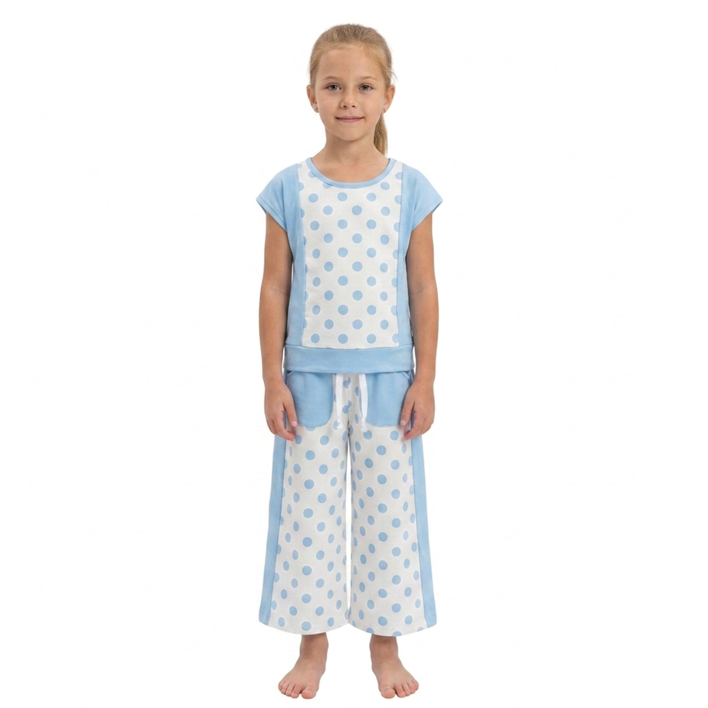 Baby Girls Blue Polka Dots Top Pockets Flare Pant Yoga Active Clothes Sets