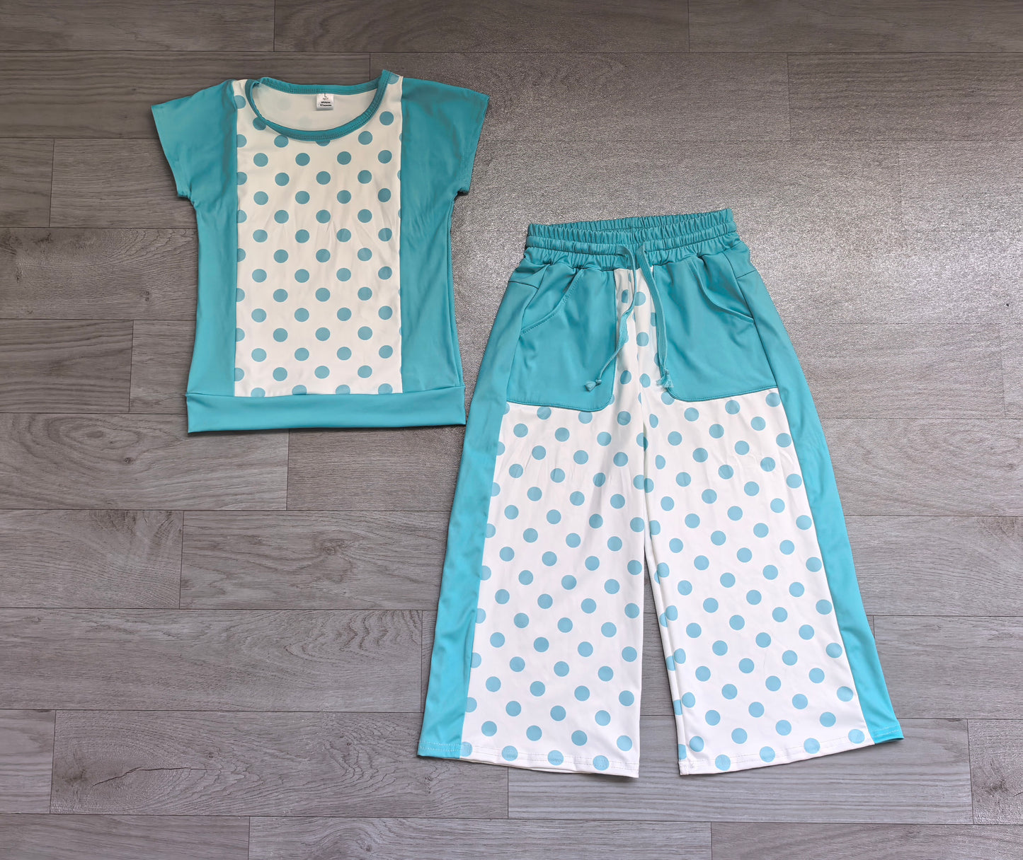 Baby Girls Blue Polka Dots Top Pockets Flare Pant Clothes Sets Preorder
