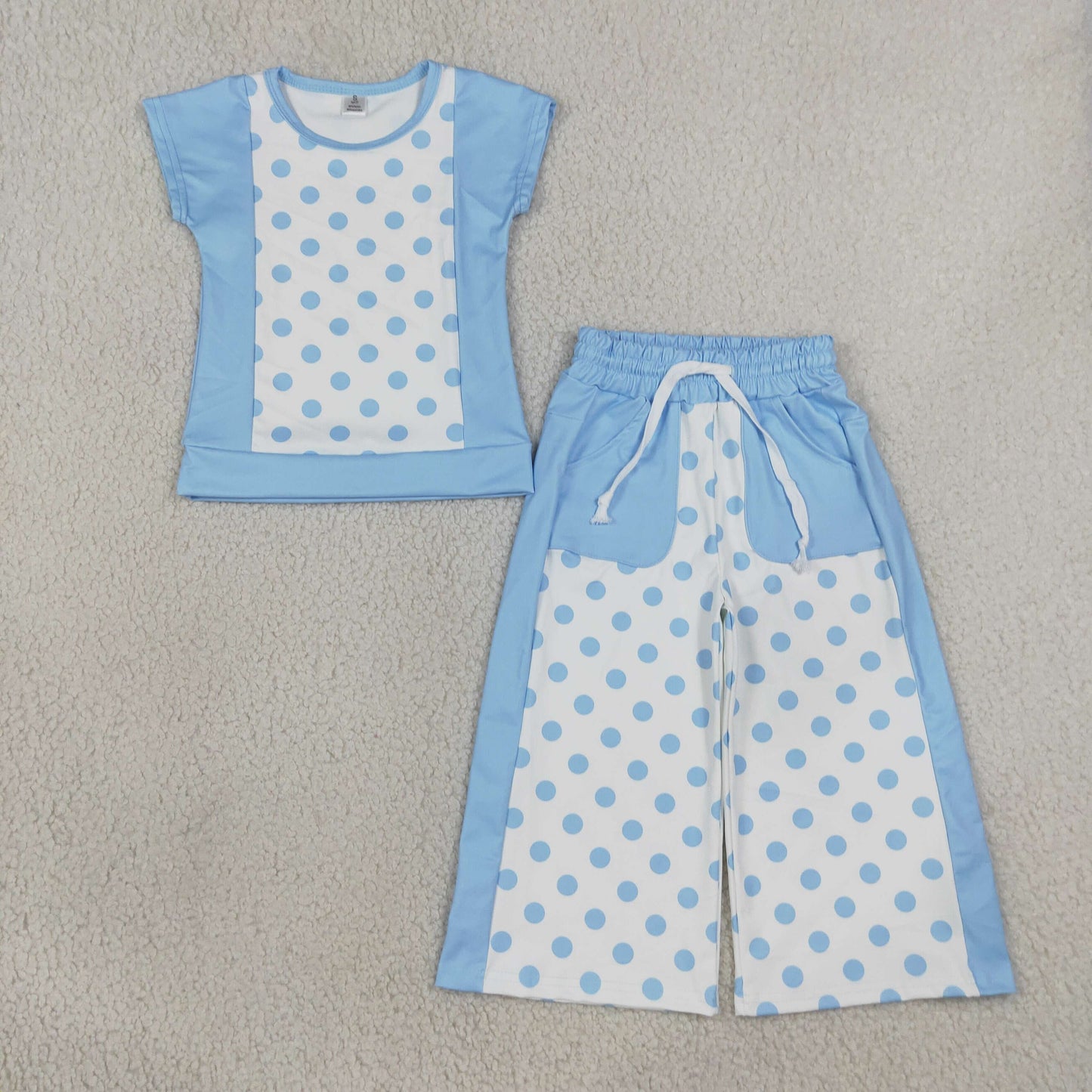 Baby Girls Blue Polka Dots Top Pockets Flare Pant Yoga Active Clothes Sets