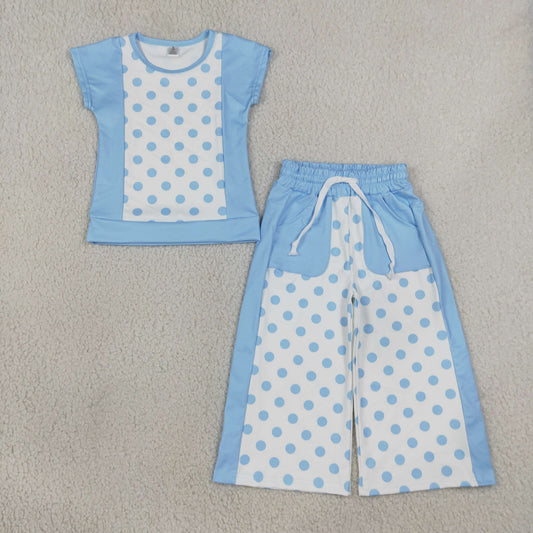 Baby Girls Blue Polka Dots Top Pockets Flare Pant Yoga Active Clothes Sets