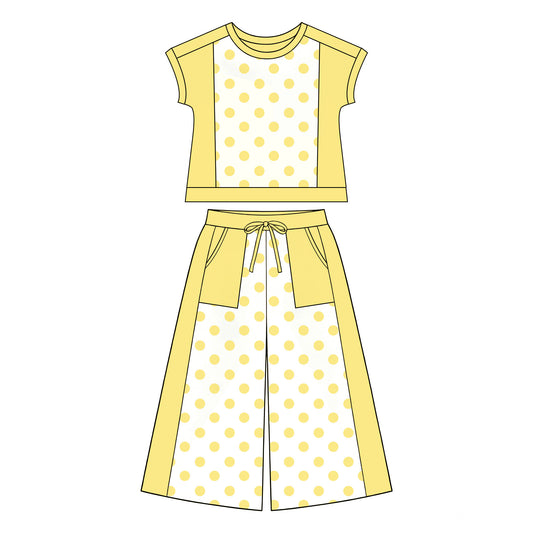 Preorder moq 5 Baby Girls Yellow Polka Dots Top Pockets Flare Pant Clothes Sets