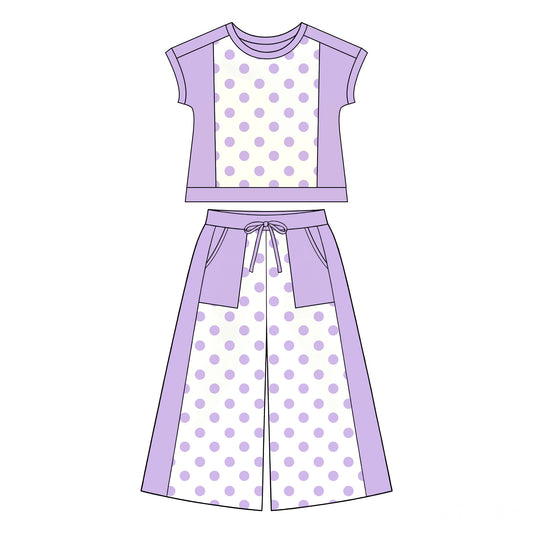 Preorder moq 5 Baby Girls Purple Polka Dots Top Pockets Flare Pant Clothes Sets