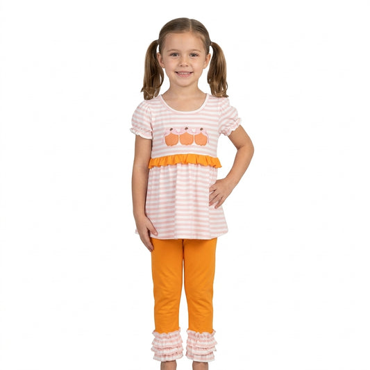 Embroidery Bow Pumpkins Baby Girls Stripe Tunic Ruffle Pant Fall Clothes Sets
